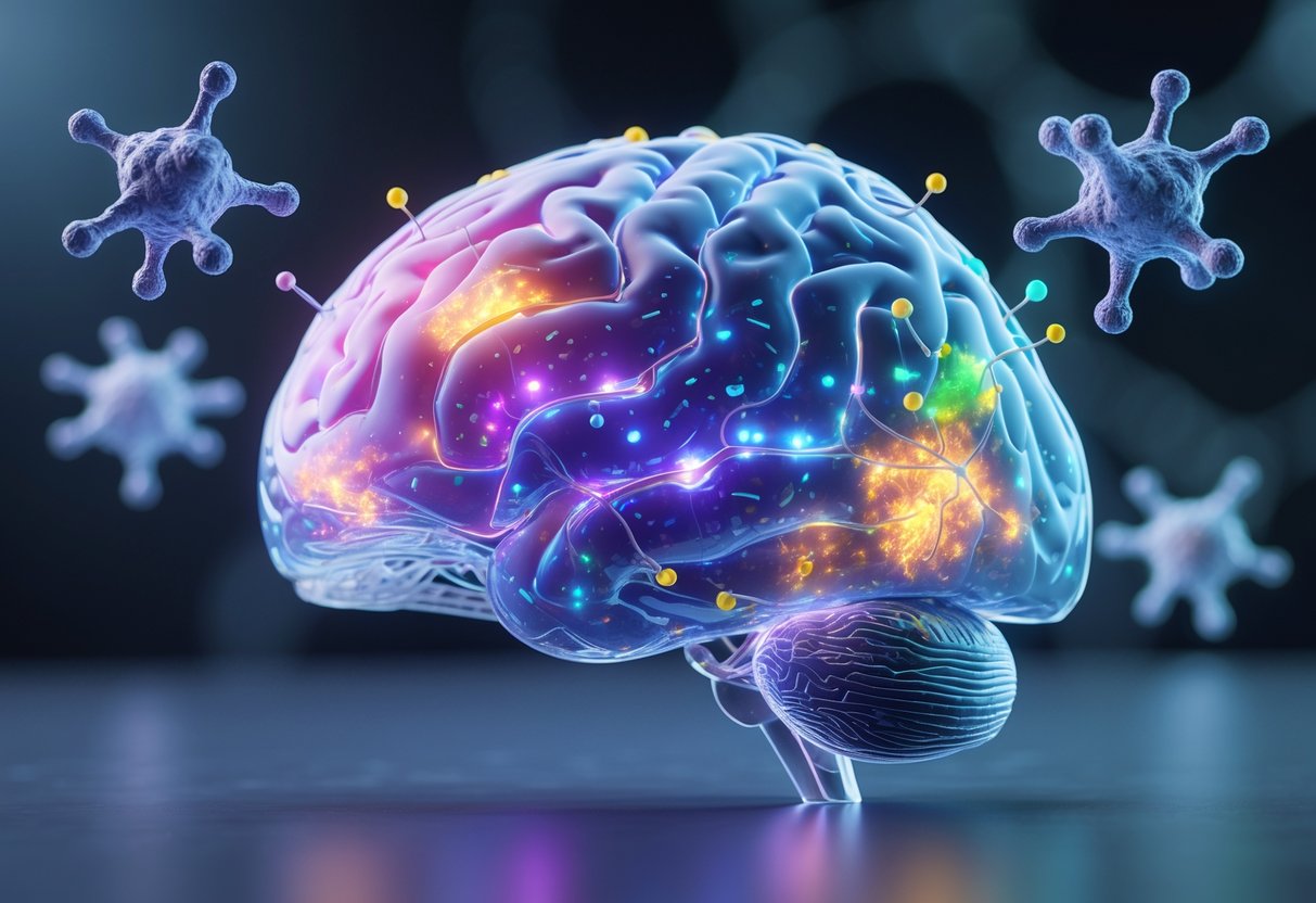 v2-10i55j-gj01c - Preventive Medicine Daily 3D rendering of a human brain showing highlighted regions affected by the APOE4 gene and nearby molecular structures representing the APOE4 protein.