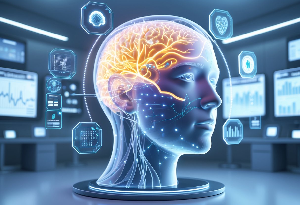 v2-10i56b-2v7vo - Preventive Medicine Daily 3D rendered transparent human head showing brain areas and glowing neural pathways with surrounding holographic medical icons and DNA strands in a clinical setting.