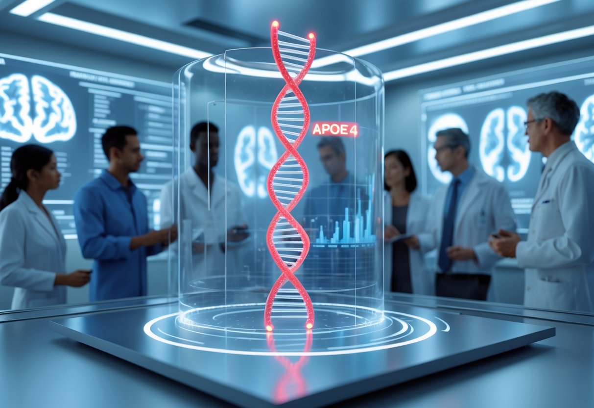 v2-10i577-khyeh - Preventive Medicine Daily A 3D scene showing a DNA strand with a highlighted gene segment, scientists examining holographic brain scans and data in a futuristic lab.