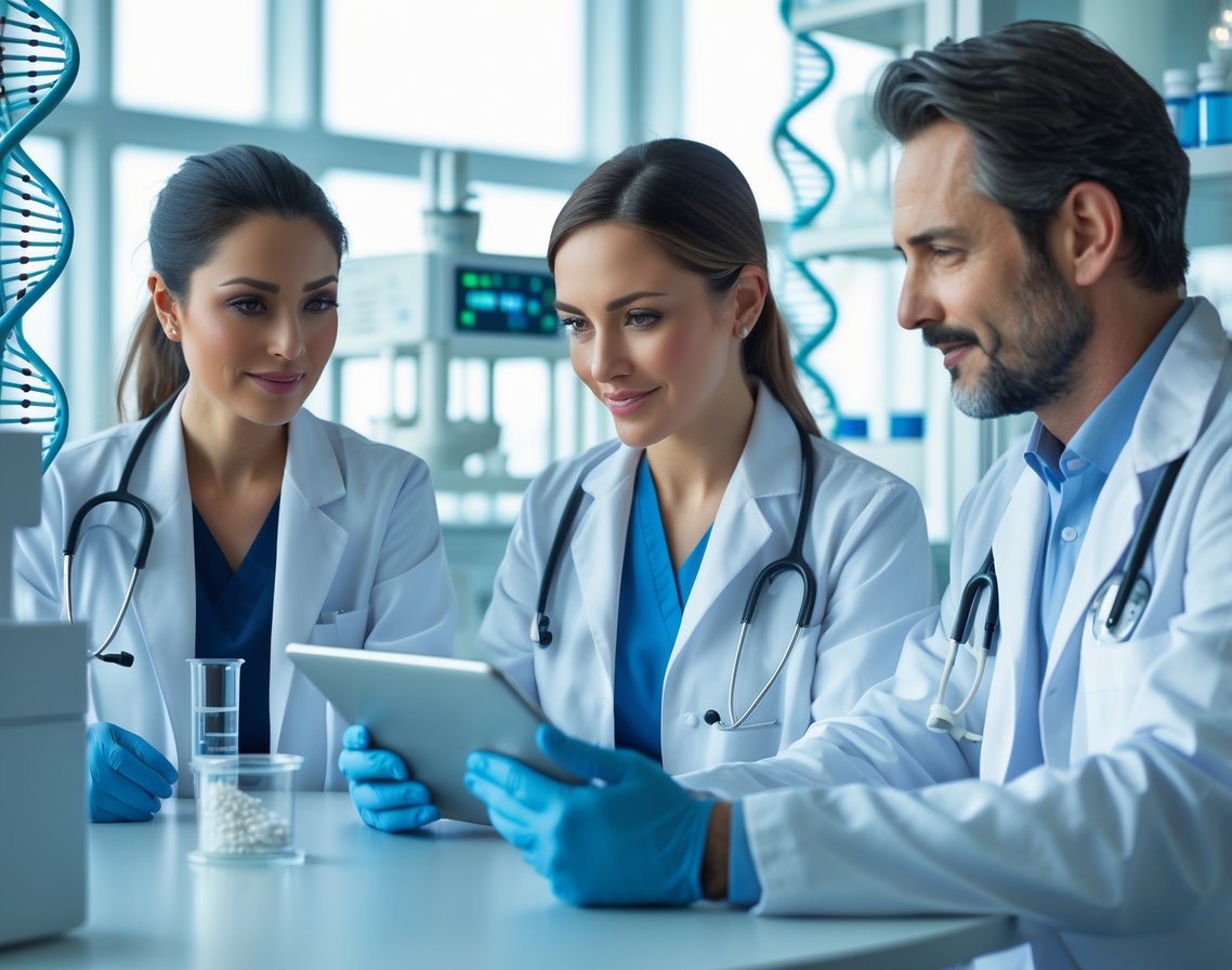 v2-10i5bg-fdepo - Preventive Medicine Daily A healthcare professional explains genetic testing to a patient in a modern medical office with DNA models and lab equipment in the background.