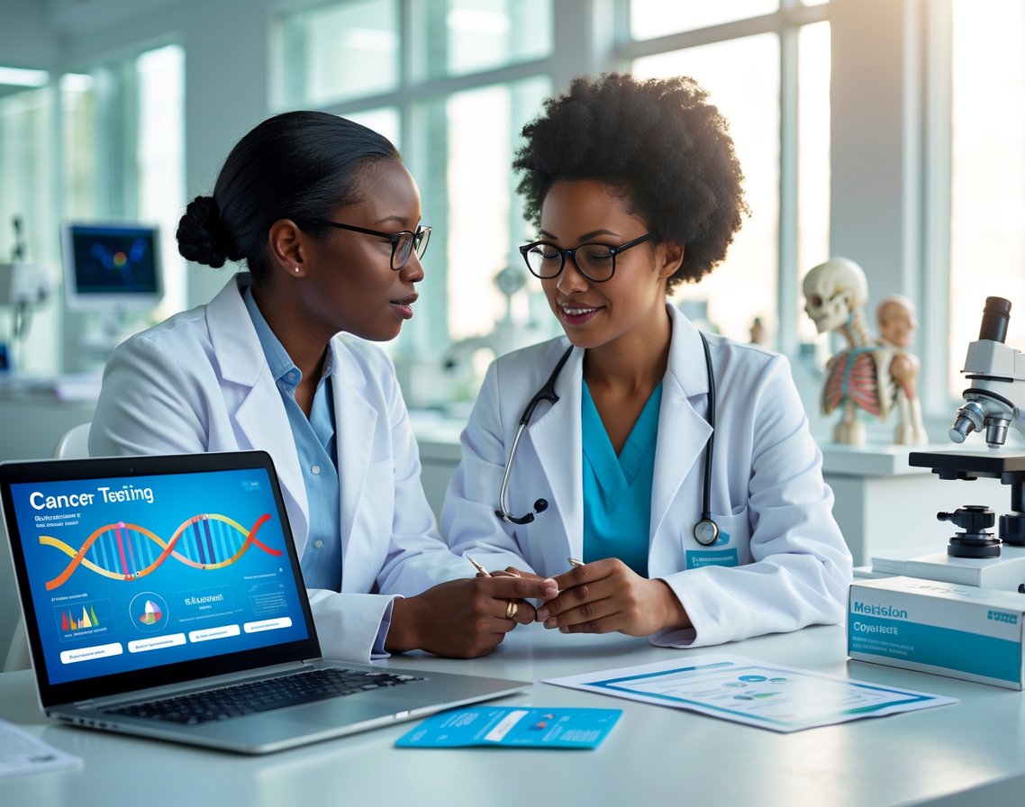 v2-10i5c2-ptwdq - Preventive Medicine Daily A doctor explains genetic test results to a patient in a bright medical office with a laptop showing DNA graphics.