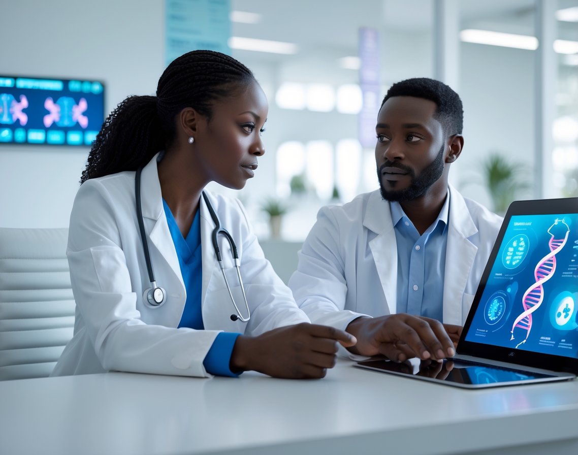 v2-10i5cr-fs8j8 - Preventive Medicine Daily A healthcare professional discusses genetic testing options with a patient in a modern medical office.