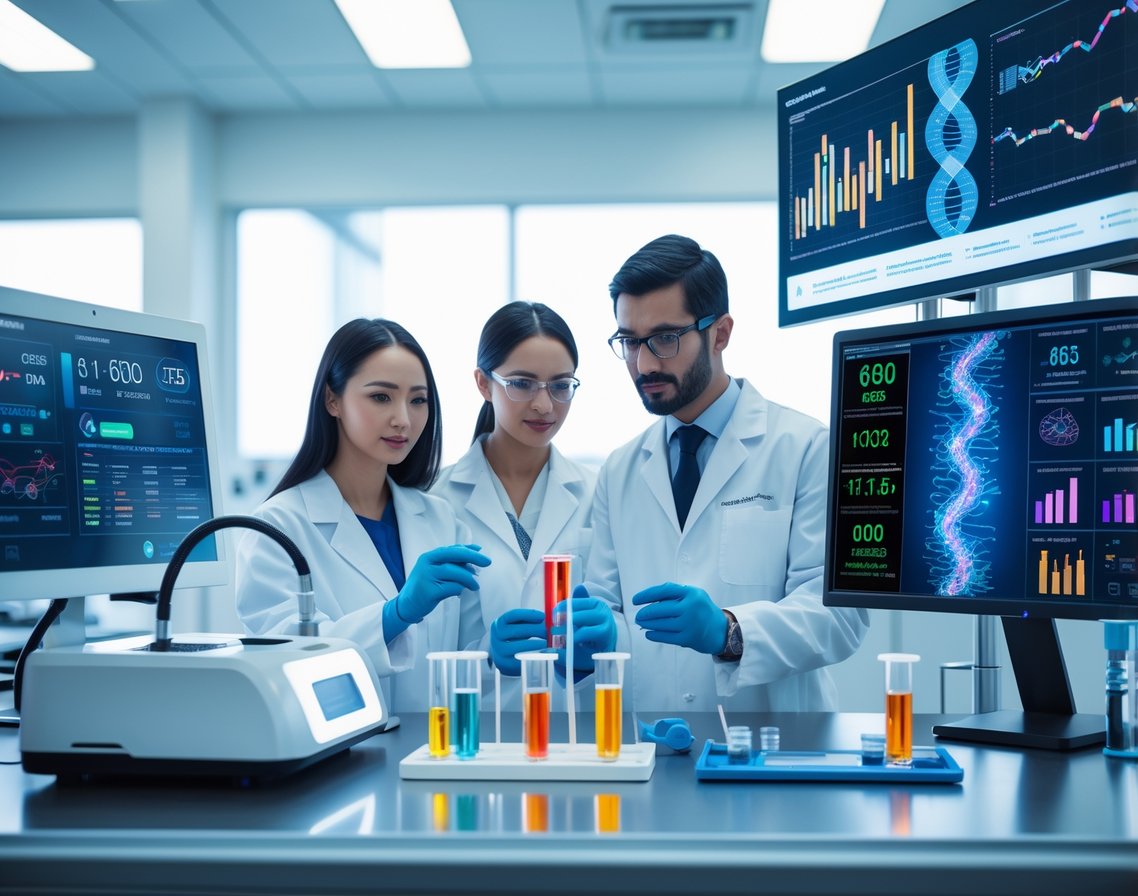 v2-10i5dk-j41bk - Preventive Medicine Daily Healthcare professionals in a modern lab examining advanced genetic testing equipment with digital displays showing DNA data and cancer risk information.