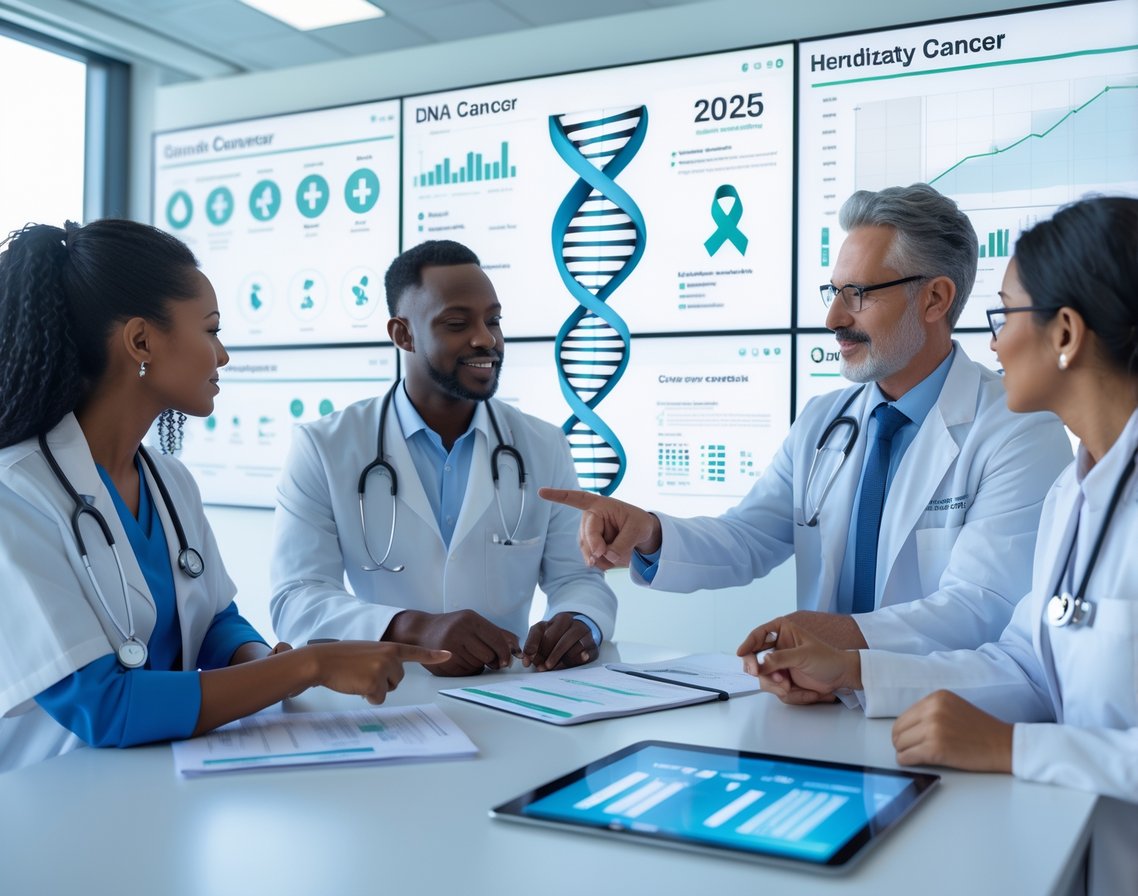 v2-10i5ef-038ei - Preventive Medicine Daily Healthcare professionals discussing genetic testing options for hereditary cancer in a modern medical office with digital screens showing DNA graphics.