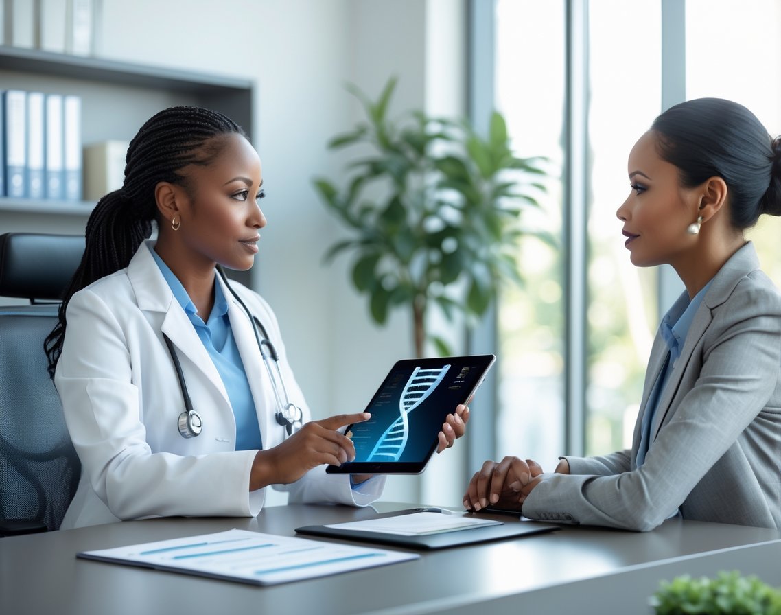 v2-10i5fc-qdblx - Preventive Medicine Daily A genetic counselor and patient discussing cancer prevention genetic testing in a modern medical office.