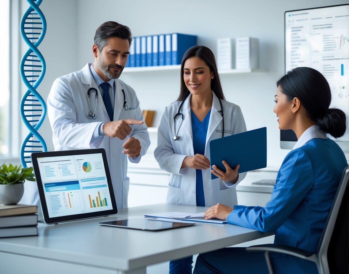v2-10i5ga-hhfcn - Preventive Medicine Daily A doctor and genetic counselor discussing genetic testing options with a patient in a modern medical office.