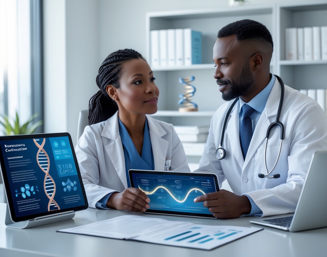 v2-10i5h3-hlu38 - Preventive Medicine Daily A woman consulting with a doctor in a modern medical office, discussing genetic testing for cancer prevention.