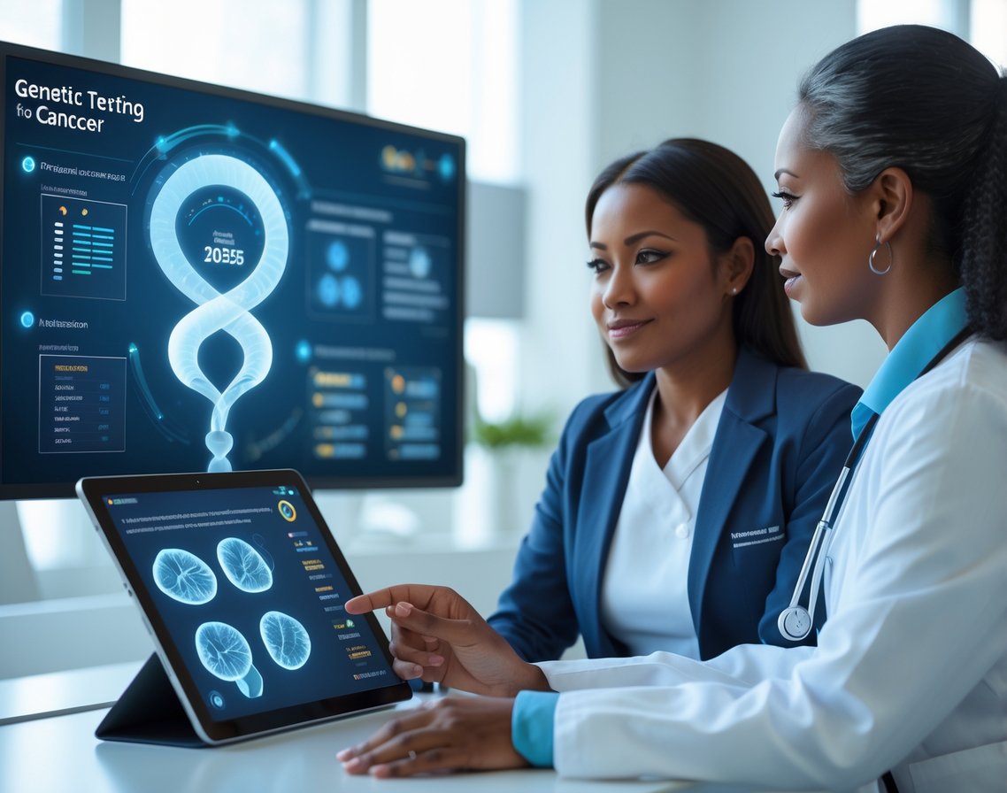 v2-10i5i2-smbv1 - Preventive Medicine Daily A doctor explaining genetic testing options to a patient in a modern medical office.