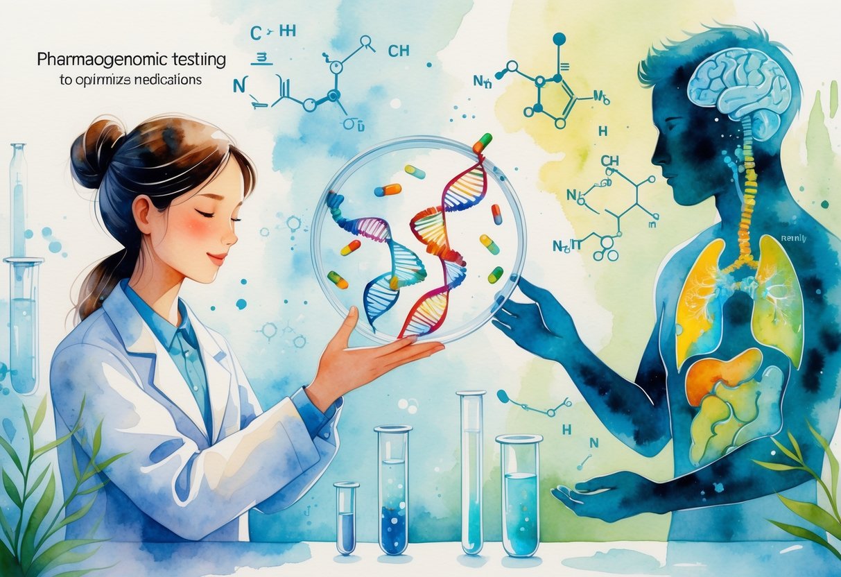 v2-10ib4v-ikmln - Preventive Medicine Daily A scientist holding a petri dish with DNA strands and medicine capsules, with molecular structures and a human silhouette in the background.
