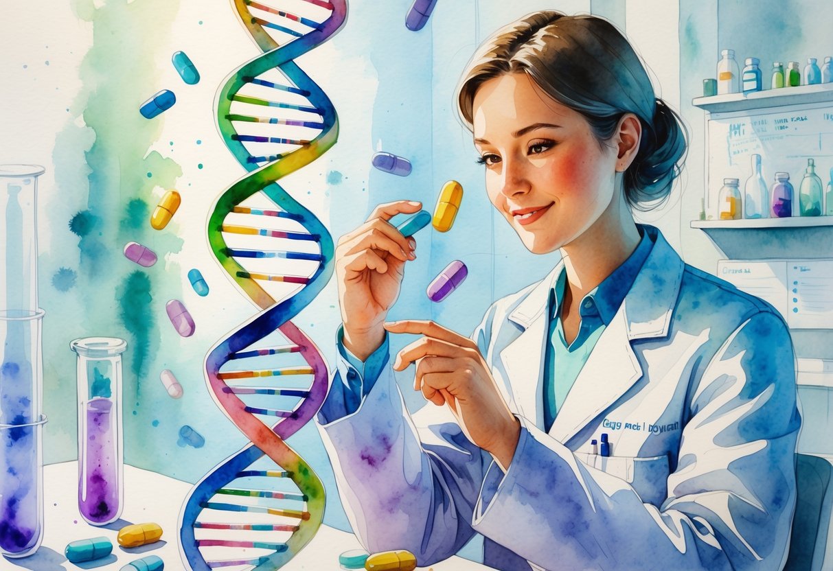 v2-10ib5b-xx76o - Preventive Medicine Daily A scientist examining a glowing DNA model surrounded by floating pills in a laboratory setting.