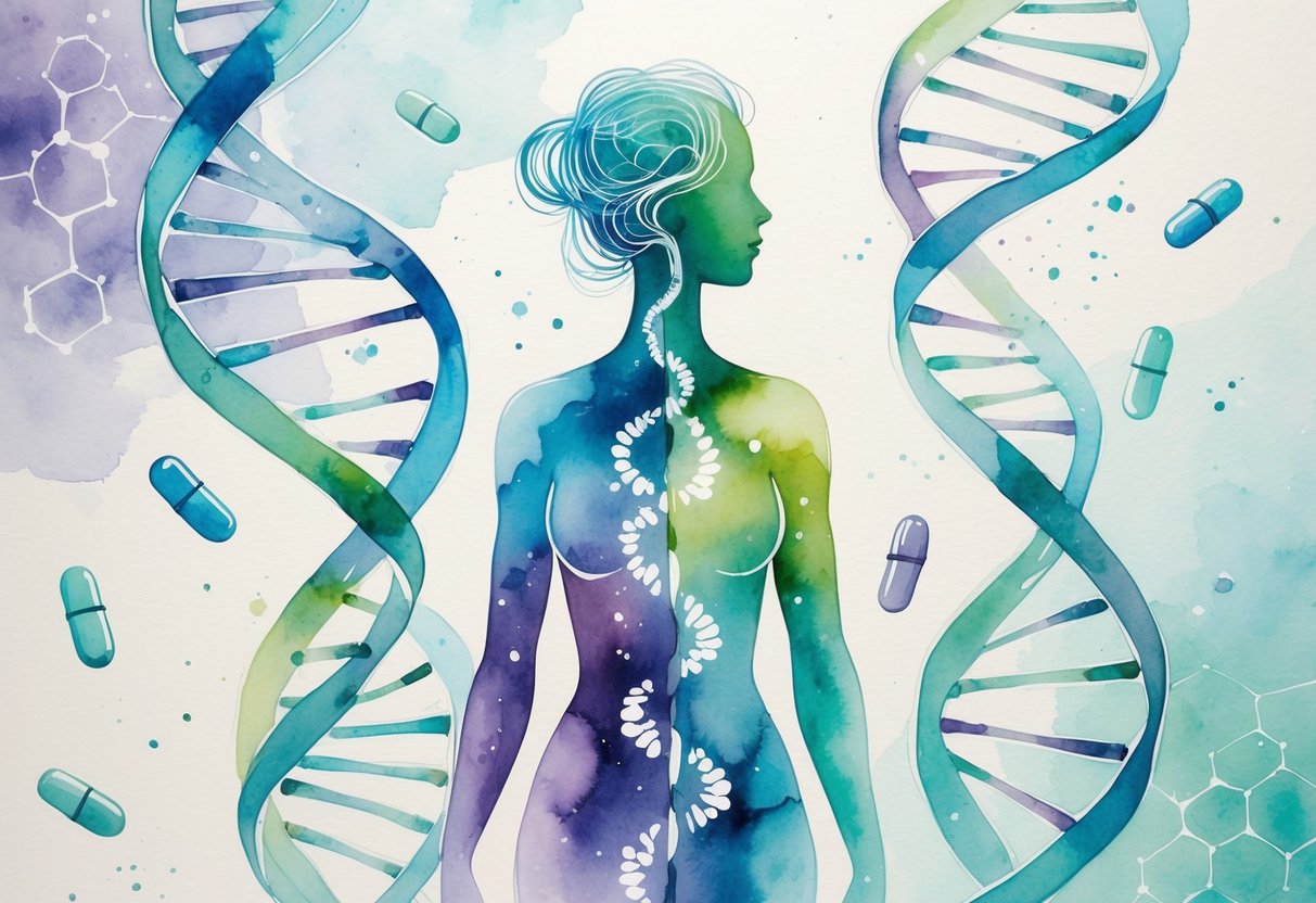 v2-10ib68-rhann - Preventive Medicine Daily A human figure surrounded by DNA strands and pills, symbolizing personalized medication and pharmacogenomic testing.