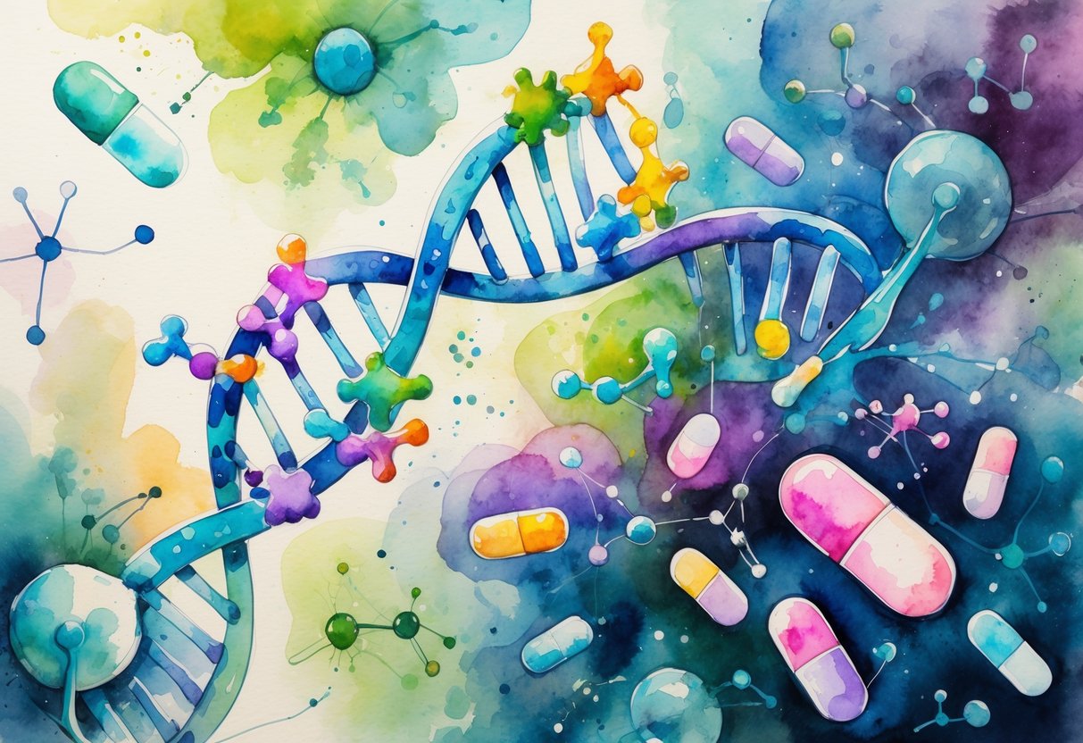 v2-10ib74-tdu0j - Preventive Medicine Daily A colorful scene showing a DNA strand intertwined with drug molecules and medical symbols representing genetics and medication.