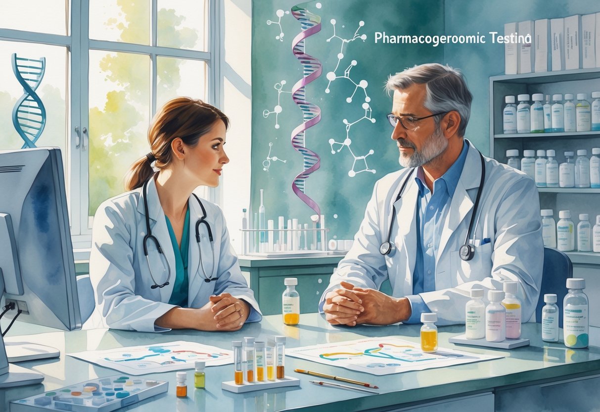v2-10ib7z-13u5u - Preventive Medicine Daily A doctor and patient in a clinical room discussing medical information with DNA models and medication on a table nearby.