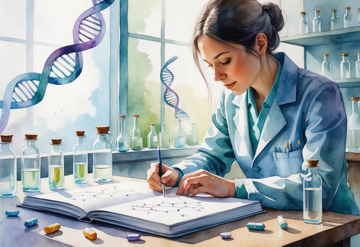 v2-10ib95-6mx3g - Preventive Medicine Daily A scientist in a laboratory surrounded by DNA illustrations, medication pills, and scientific equipment, thoughtfully examining notes on a table.