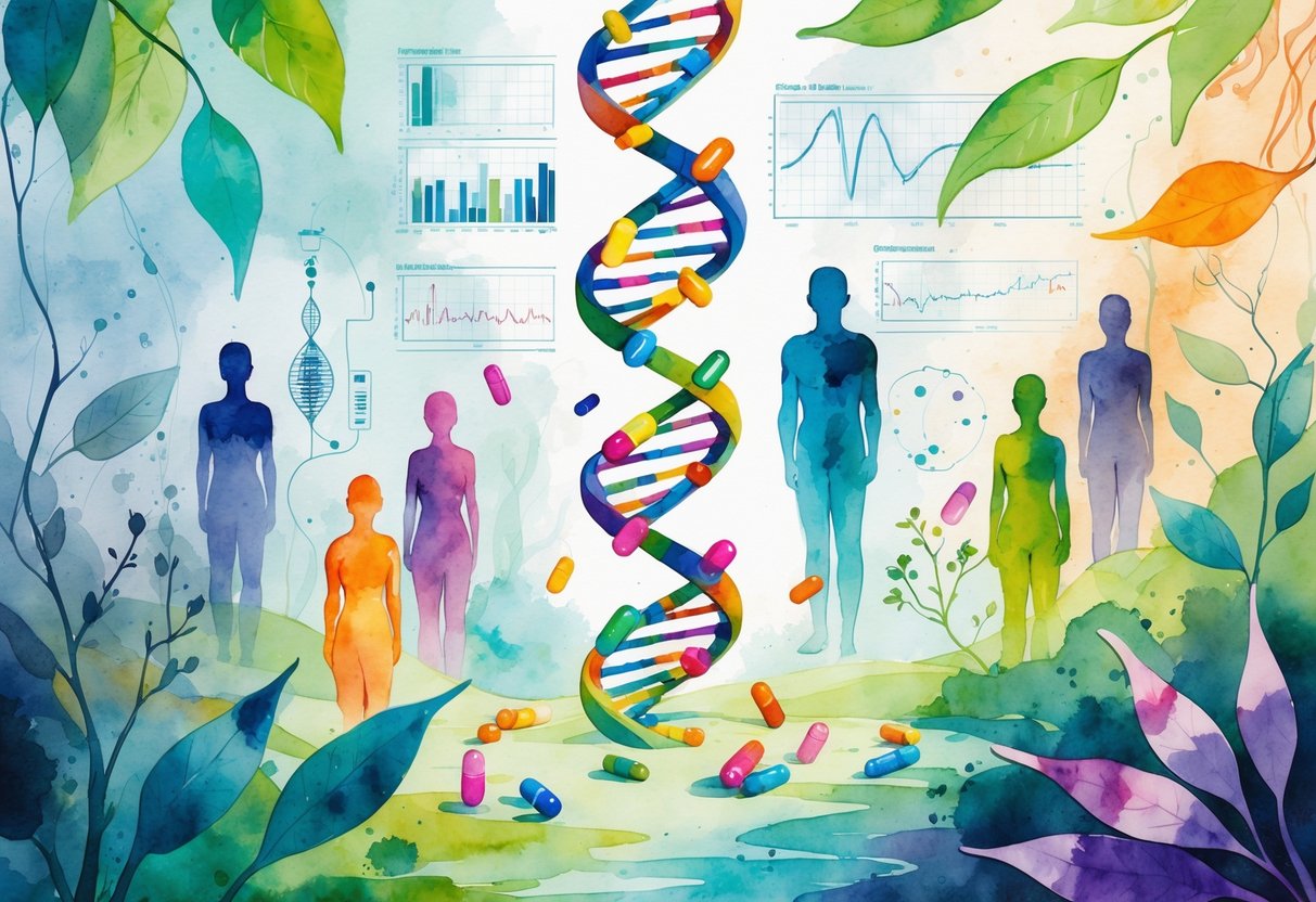 v2-10ib9y-9v77q - Preventive Medicine Daily A laboratory scene showing a DNA helix intertwined with medication capsules, surrounded by diverse human figures and futuristic medical elements.