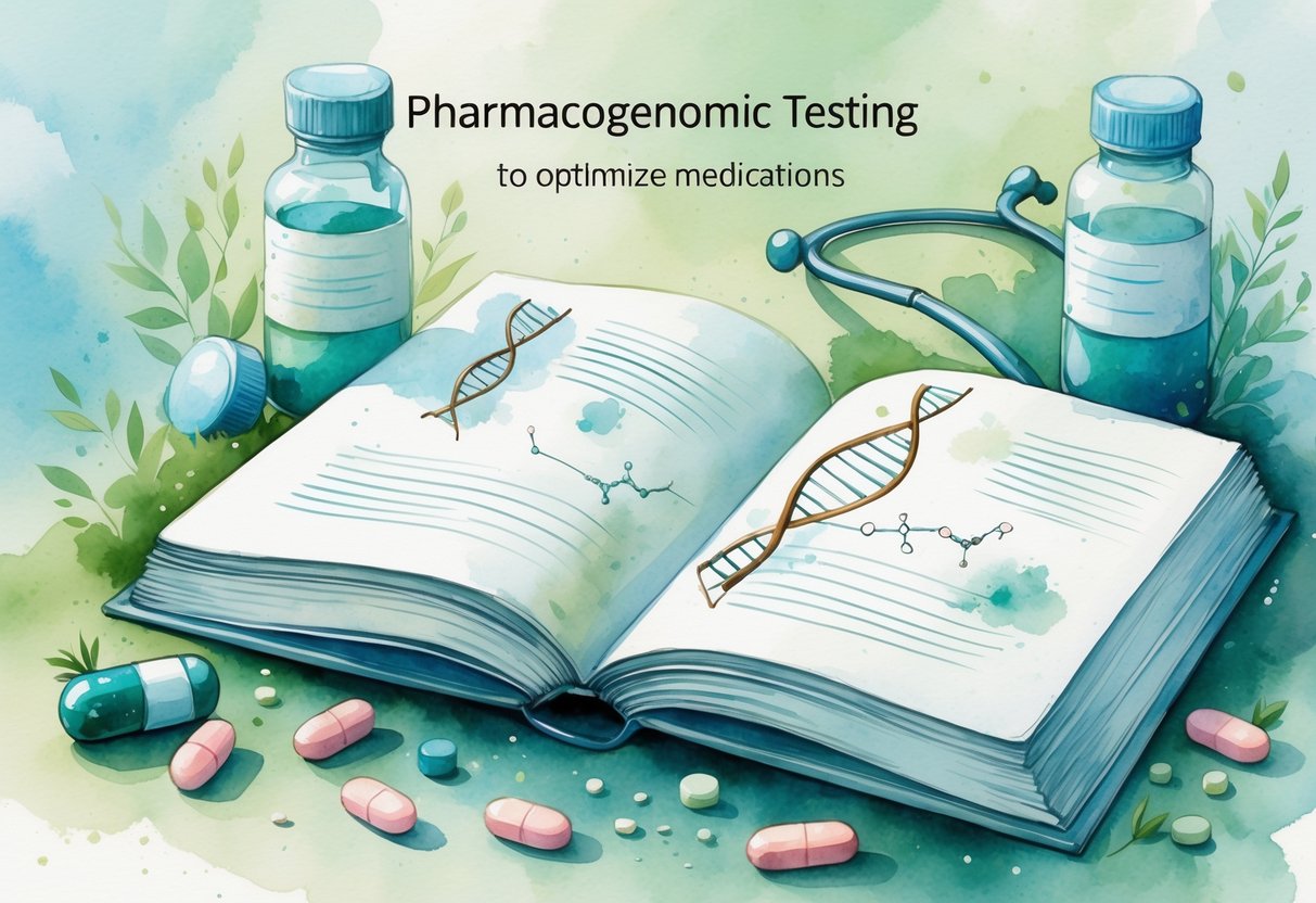 v2-10ibaq-lpxgd - Preventive Medicine Daily An open book with illustrations of DNA strands and molecules, surrounded by a medicine bottle, pills, and a stethoscope on a soft blue-green background.
