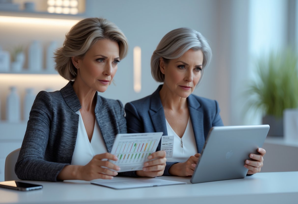 v2-10igbg-0mrcf - Preventive Medicine Daily Two women, one in her 40s and one in her 50s, sitting together in a medical clinic reviewing genetic test results on a tablet.