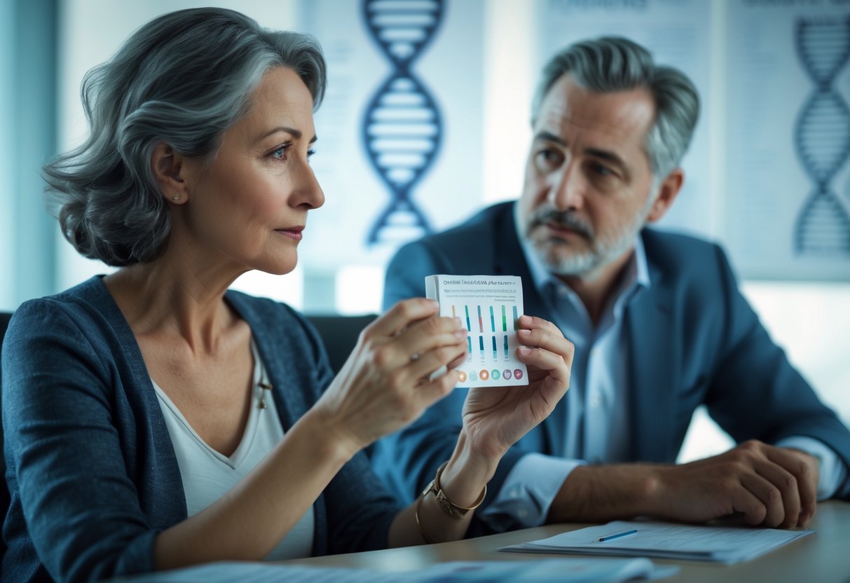v2-10igc1-vbd3g - Preventive Medicine Daily A middle-aged woman and man sitting in a medical office, looking thoughtfully at a genetic testing kit.