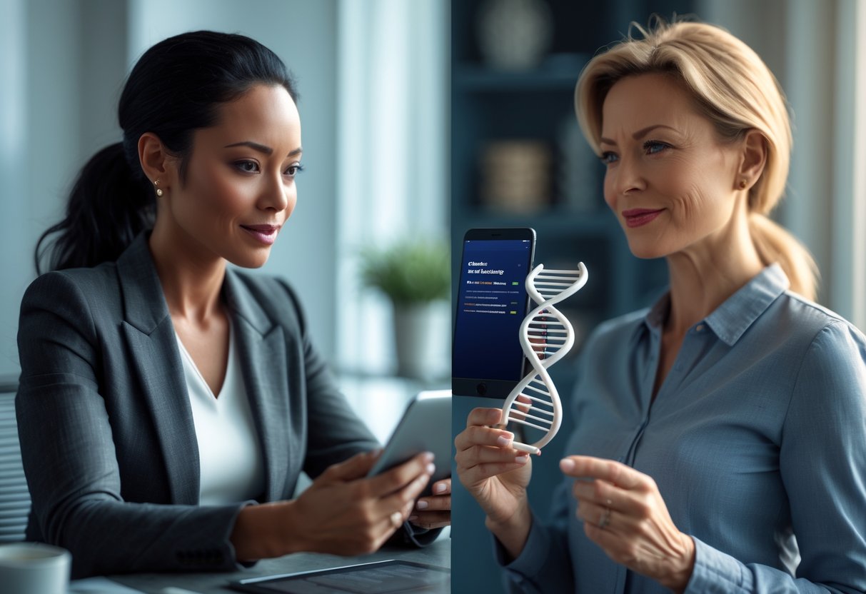 v2-10igd2-fowfo - Preventive Medicine Daily A woman in her early 40s reviews genetic test results on a tablet while another woman in her early 50s holds a DNA model near a window, symbolizing genetic testing and disease prevention at different ages.