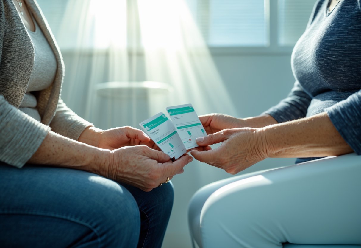 v2-10igdw-lr0mg - Preventive Medicine Daily Two middle-aged women sitting in a medical clinic, holding genetic testing kits and documents, preparing for cancer screening.