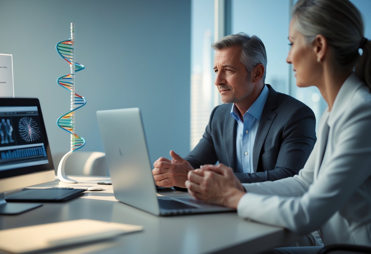 v2-10igey-s9xsb - Preventive Medicine Daily A middle-aged person consulting with a healthcare professional in a medical office, with DNA models and medical charts visible on the desk.