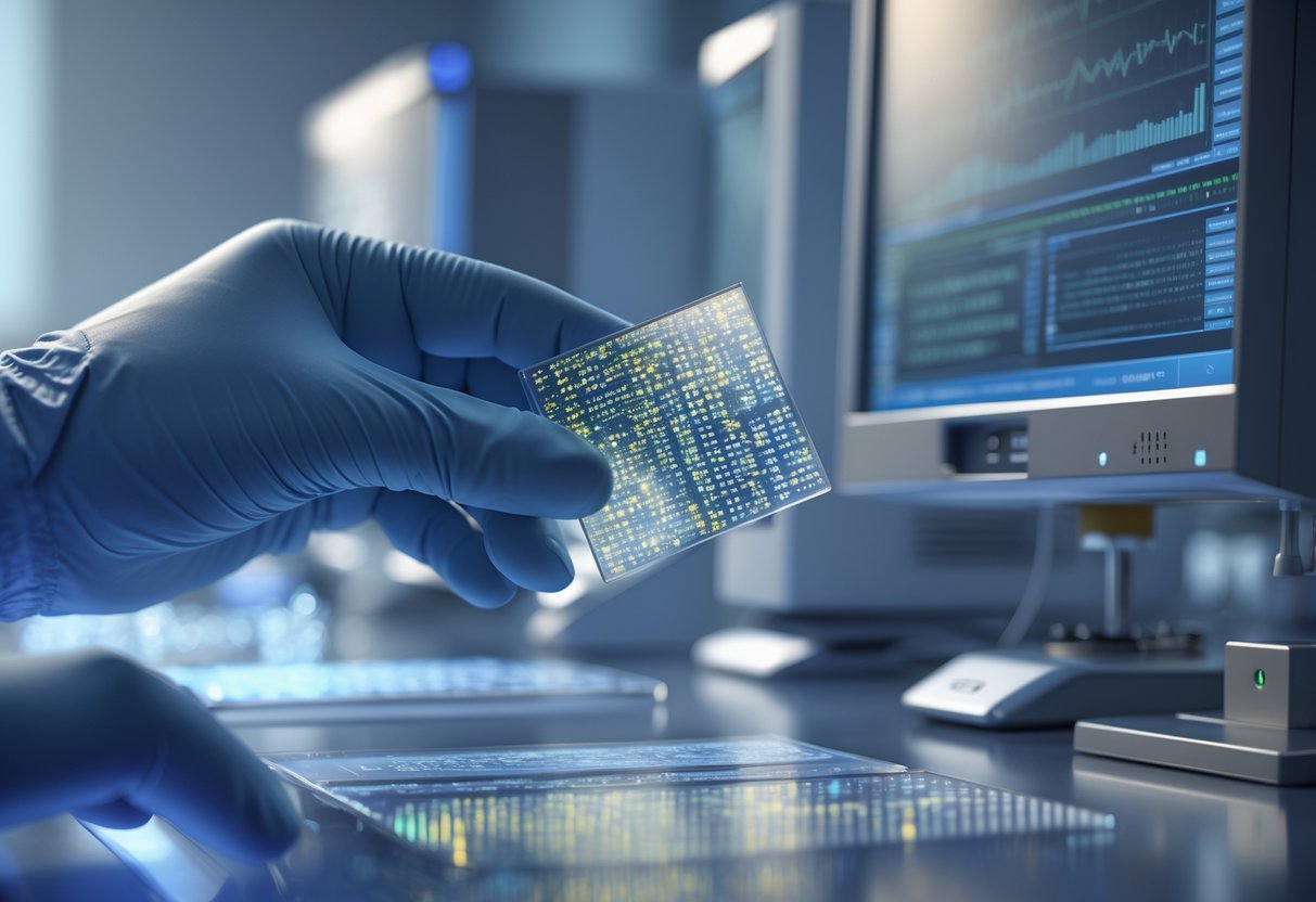 v2-10igfw-u6kwv - Preventive Medicine Daily Close-up of a scientist's hands holding a DNA microarray chip in a medical lab with genetic sequencing machines and monitors in the background.