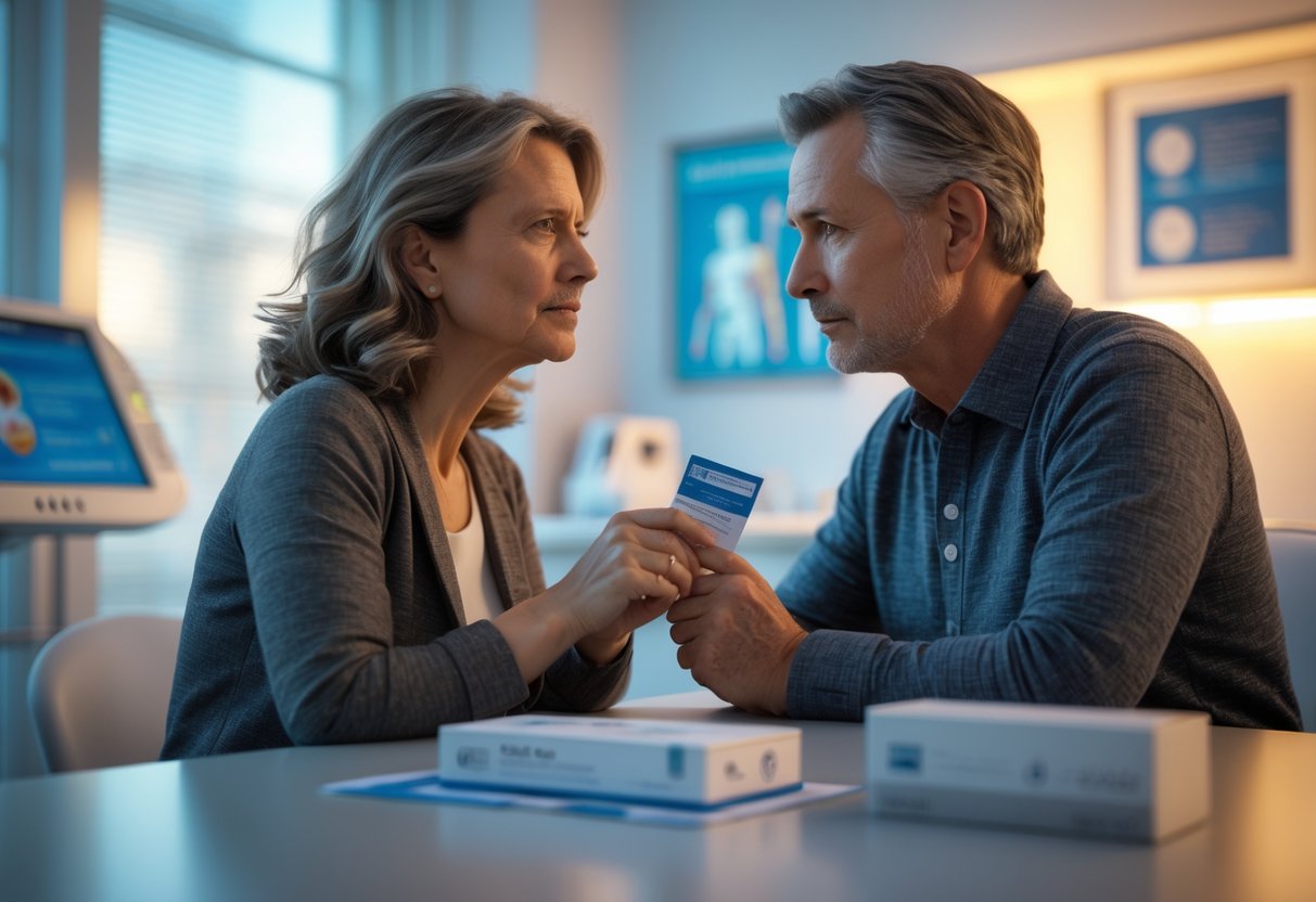 v2-10ighp-pdv3r - Preventive Medicine Daily A middle-aged woman and an older man sit together in a medical consultation room, examining a genetic testing kit with focused expressions.