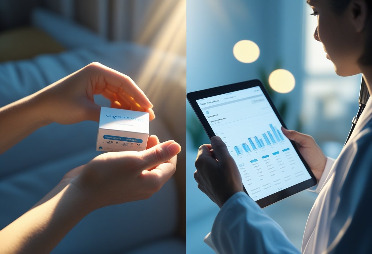 v2-10ilwr-89sv8 - Preventive Medicine Daily A split scene showing a person at home opening a genetic testing kit on one side and a doctor consulting a patient with genetic data on a tablet in a clinical setting on the other side.