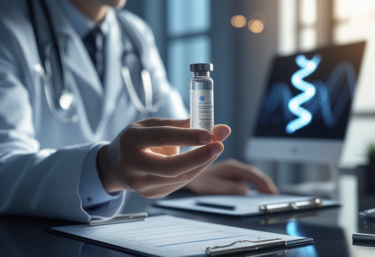 v2-10ilzj-xr92i - Preventive Medicine Daily A doctor holding a vial with a DNA sample in a medical office, with a genetic testing device and a computer screen showing a DNA helix in the background.
