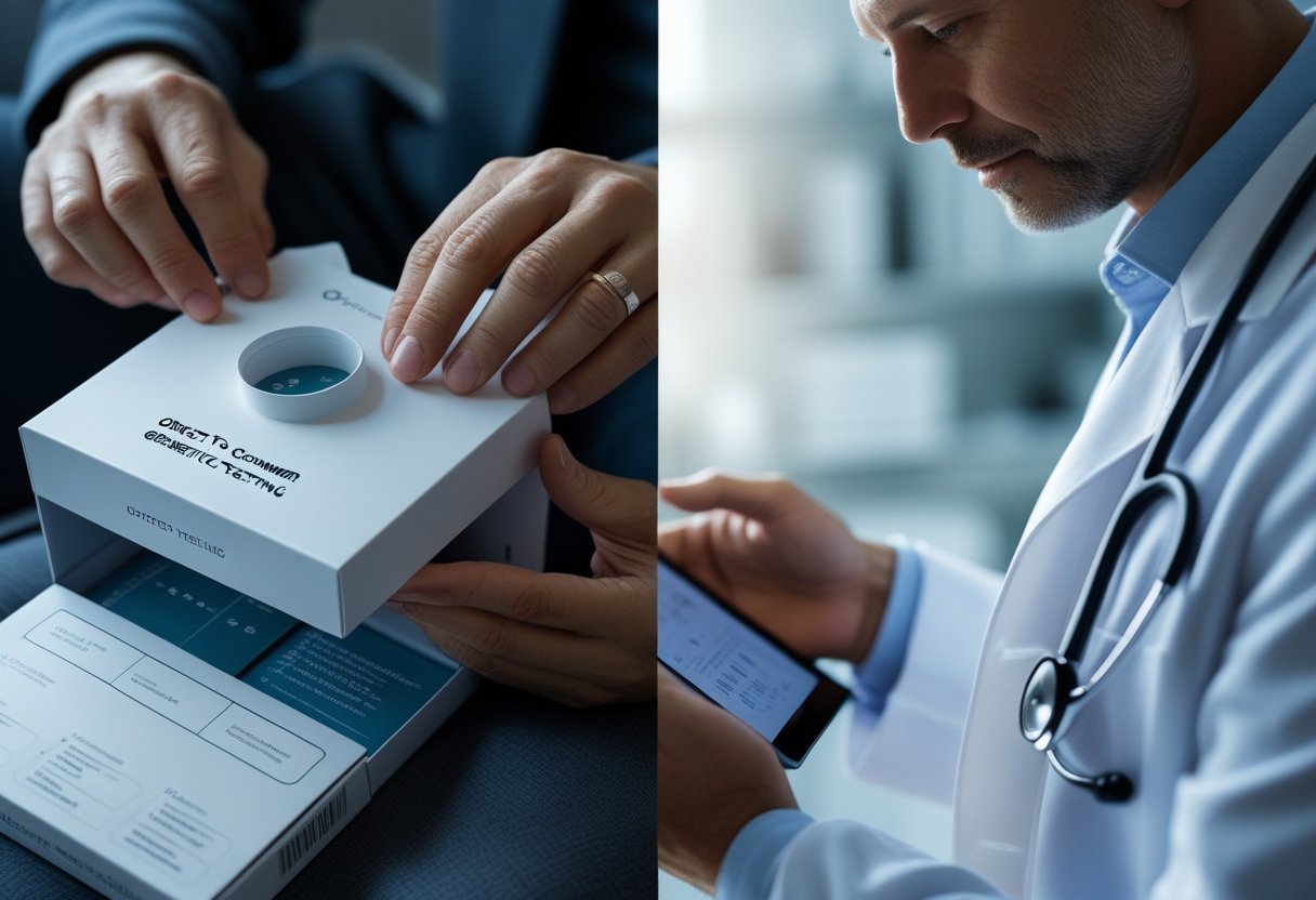 v2-10im14-ay7kb - Preventive Medicine Daily A person opening a genetic test kit at home while a doctor reviews genetic test results on a tablet in a clinical setting.