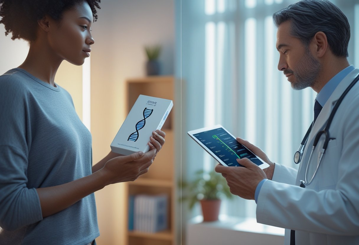v2-10im1z-4xqqi - Preventive Medicine Daily A patient holding a genetic testing kit and a doctor reviewing test results on a tablet in a medical consultation room.