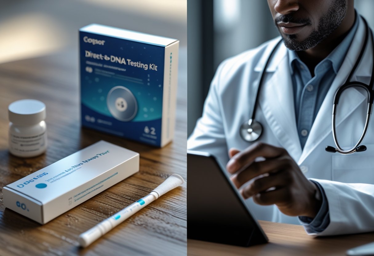 v2-10im2t-6wfgp - Preventive Medicine Daily A home genetic testing kit on a wooden table next to a doctor reviewing genetic test results on a tablet.