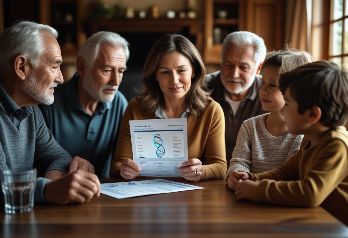 A multi-generational family gathered around a table, looking at a genetic test report, engaged in a serious conversation about their health.