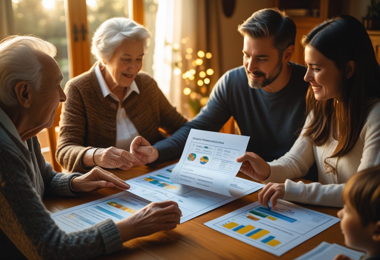A multi-generational family sitting around a table reviewing genetic test results and family medical history documents together.