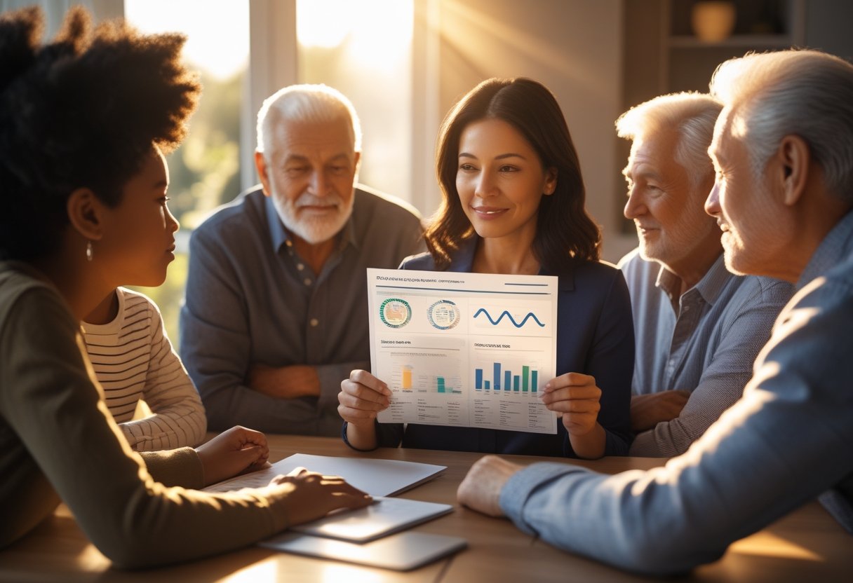 A family gathered around a table reviewing a genetic test report together, showing multiple generations engaged in discussion about health.