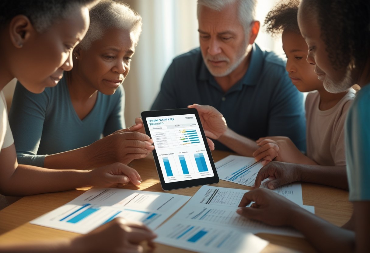 A family gathered around a table, looking closely at genetic test results on paper and a tablet, showing expressions of concern and hope.