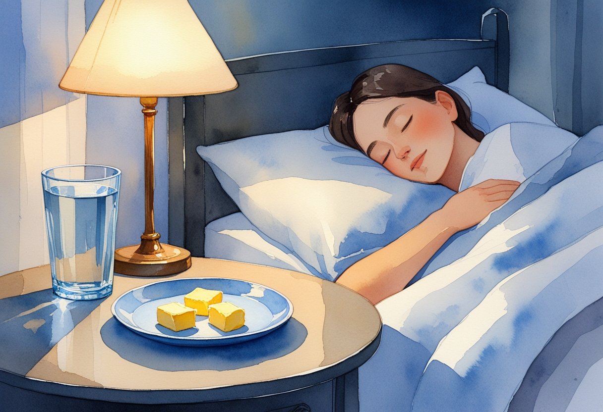 eating butter before bed - Preventive Medicine Daily A person sleeping peacefully in bed next to a bedside table with a plate of butter and a glass of water.