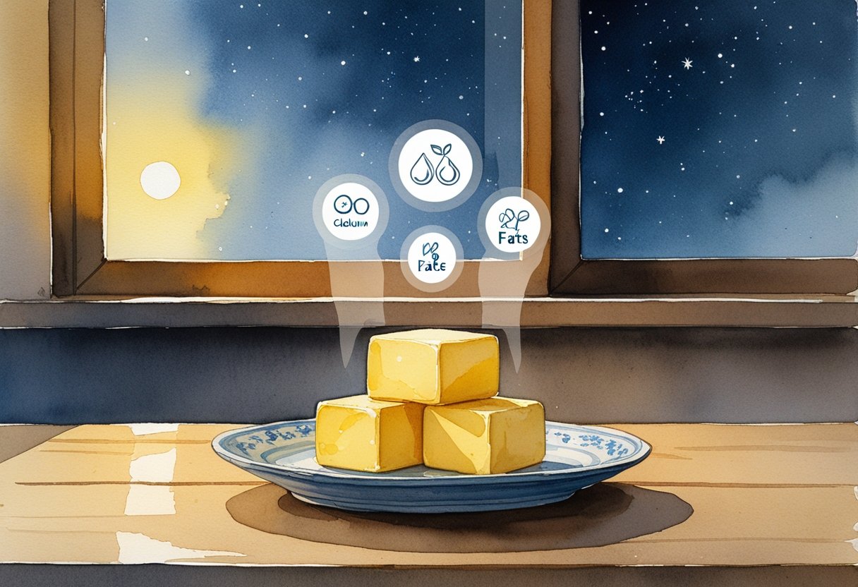 v2-10ruvf-aawbl - Preventive Medicine Daily A nighttime kitchen table with two tablespoons of butter on a plate, surrounded by soft glowing icons representing nutrition, with a window showing a starry night sky.