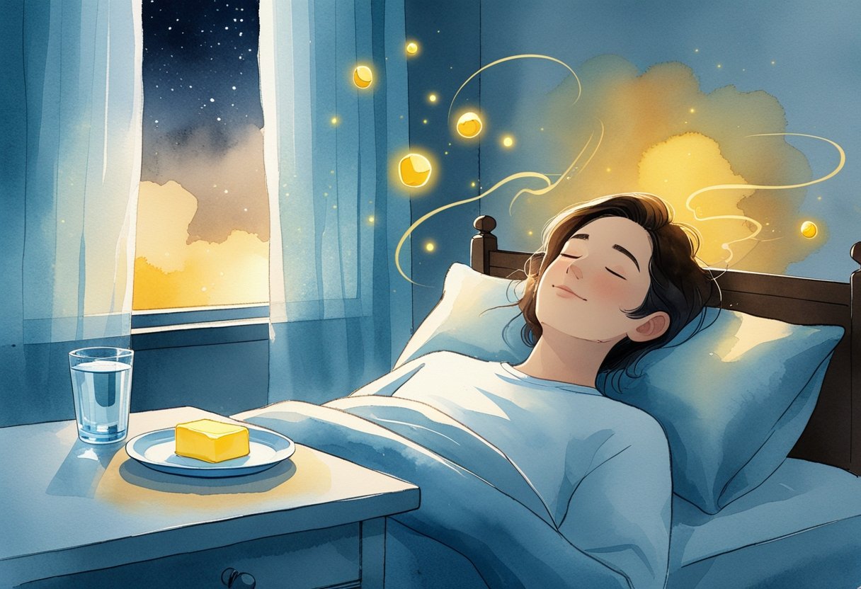 v2-10ruw4-j5hsl - Preventive Medicine Daily A peaceful bedroom at night with a person sleeping calmly, a plate with two tablespoons of butter on a bedside table, and soft glowing elements around the stomach area symbolizing digestion.