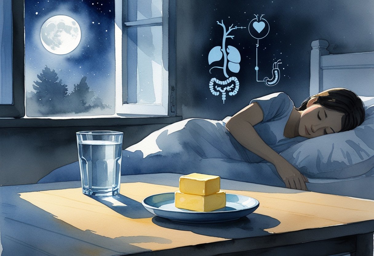 v2-10ruwm-eurqh - Preventive Medicine Daily A nighttime kitchen table with a dish of butter and a glass of water near a window with moonlight, with faint symbolic shapes of a heart, digestive system, and a sleeping person in the background.