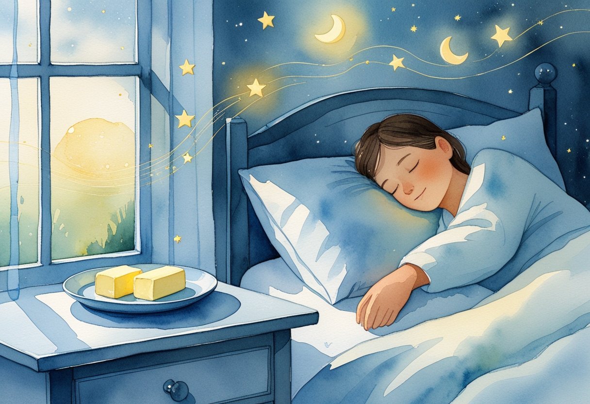v2-10ruxe-3dx37 - Preventive Medicine Daily A peaceful bedroom at night with a bedside table holding two tablespoons of butter, soft moonlight shining through a window, and a sleeping person in bed surrounded by gentle glowing orbs and stars.