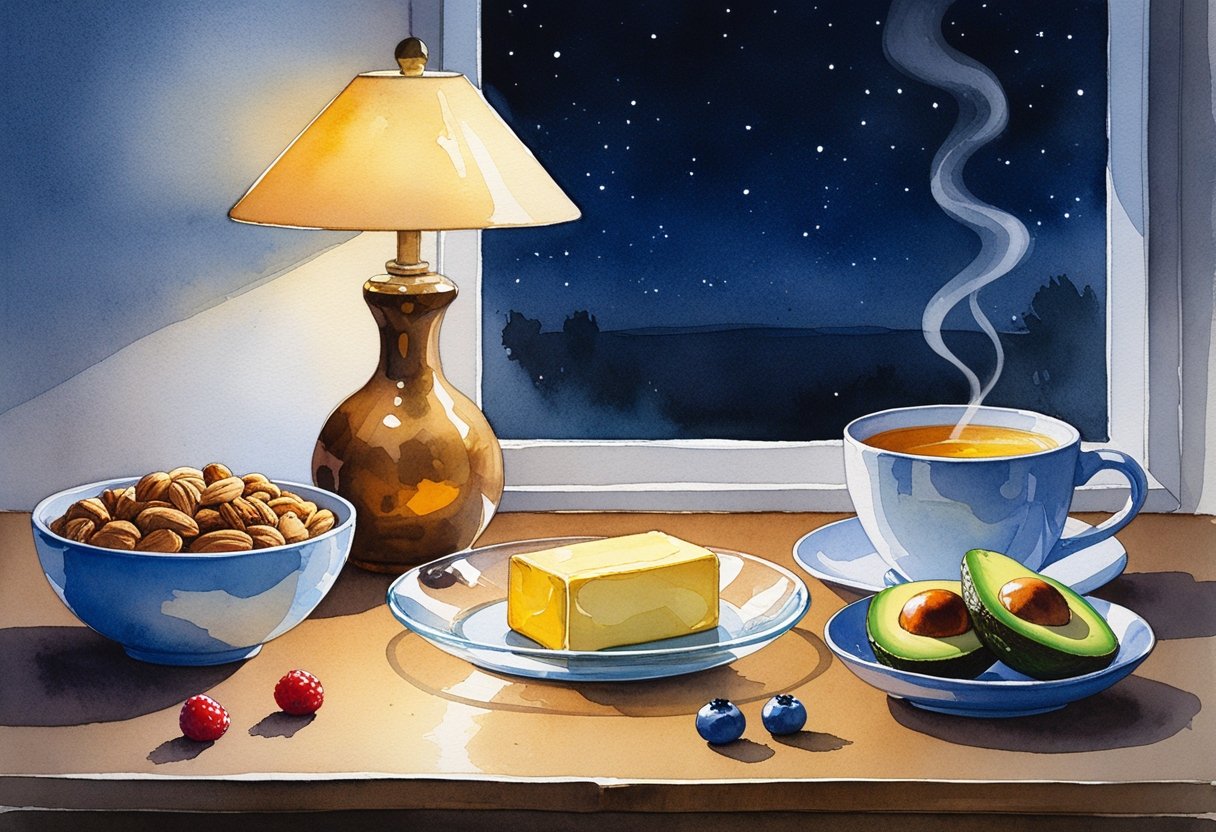 v2-10ruy7-0xhsa - Preventive Medicine Daily A nighttime kitchen table with two tablespoons of butter and several healthier snack options including nuts, avocado slices, herbal tea, and berries under soft warm lighting.