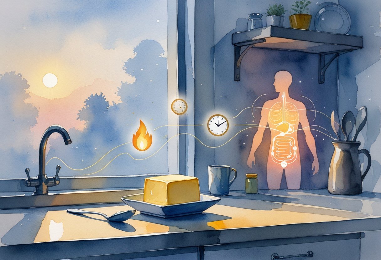 v2-10rv05-82ndy - Preventive Medicine Daily A nighttime kitchen countertop with a small dish of butter and a spoon, surrounded by abstract symbols representing metabolism and energy balance.