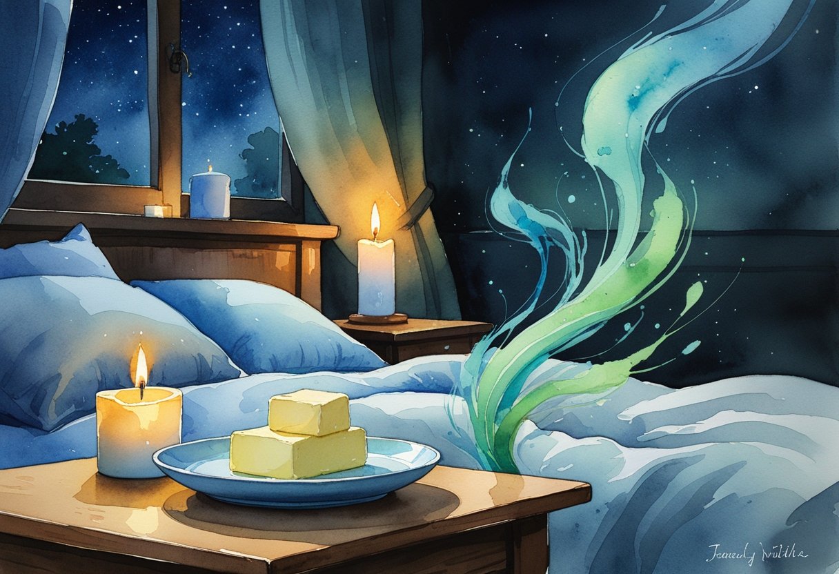 v2-10rv0t-syy18 - Preventive Medicine Daily A nighttime bedroom scene with a small table holding two tablespoons of butter, soft candlelight, and a cozy bed under a starry sky.