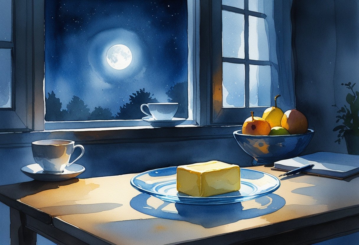 v2-10rv1k-fw8lp - Preventive Medicine Daily A nighttime kitchen table with two tablespoons of butter on a plate, softly lit by moonlight, with a teacup, fruit bowl, and notebook nearby.