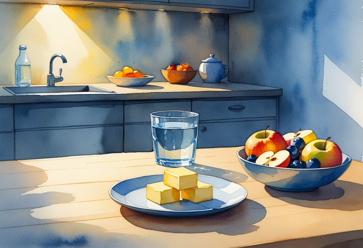 v2-10rv2e-4xwso - Preventive Medicine Daily A cozy kitchen table at night with a plate of butter, a bowl of fresh fruit, and a glass of water under warm light.