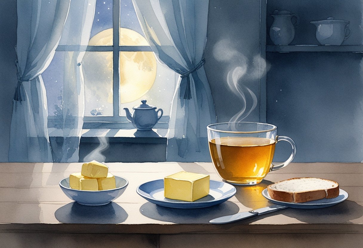 v2-10rv35-nwef9 - Preventive Medicine Daily A kitchen table at night with a bowl of butter, a cup of tea, and a slice of bread near a window showing moonlight.