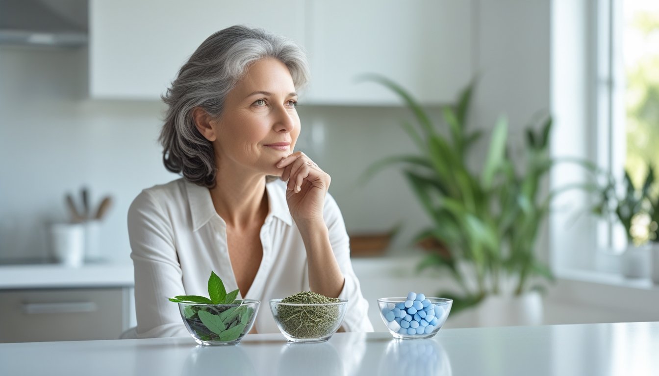 v2-10v590-onlkc - Preventive Medicine Daily A middle-aged woman sitting at a kitchen table with bowls of natural herbs and synthetic pills, looking thoughtful.