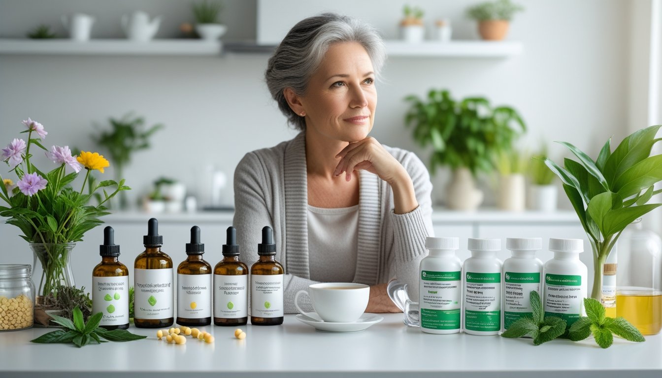 v2-10v59j-pvx3w - Preventive Medicine Daily A middle-aged woman sitting at a kitchen table with natural hormone products and synthetic hormone medications placed in front of her, looking thoughtful.