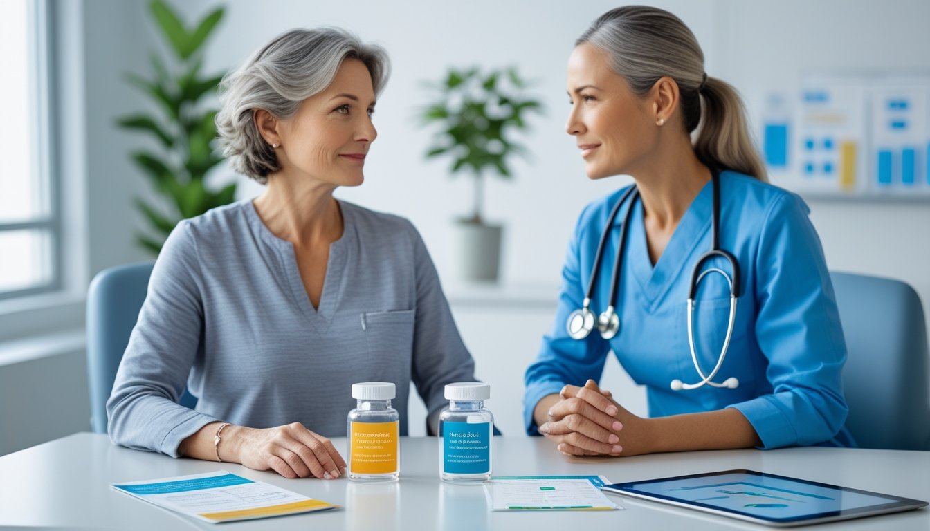 v2-10v5a8-3yt18 - Preventive Medicine Daily A mature woman consulting with a female healthcare professional in a bright medical office, discussing hormone therapy options with vials and brochures on the table.